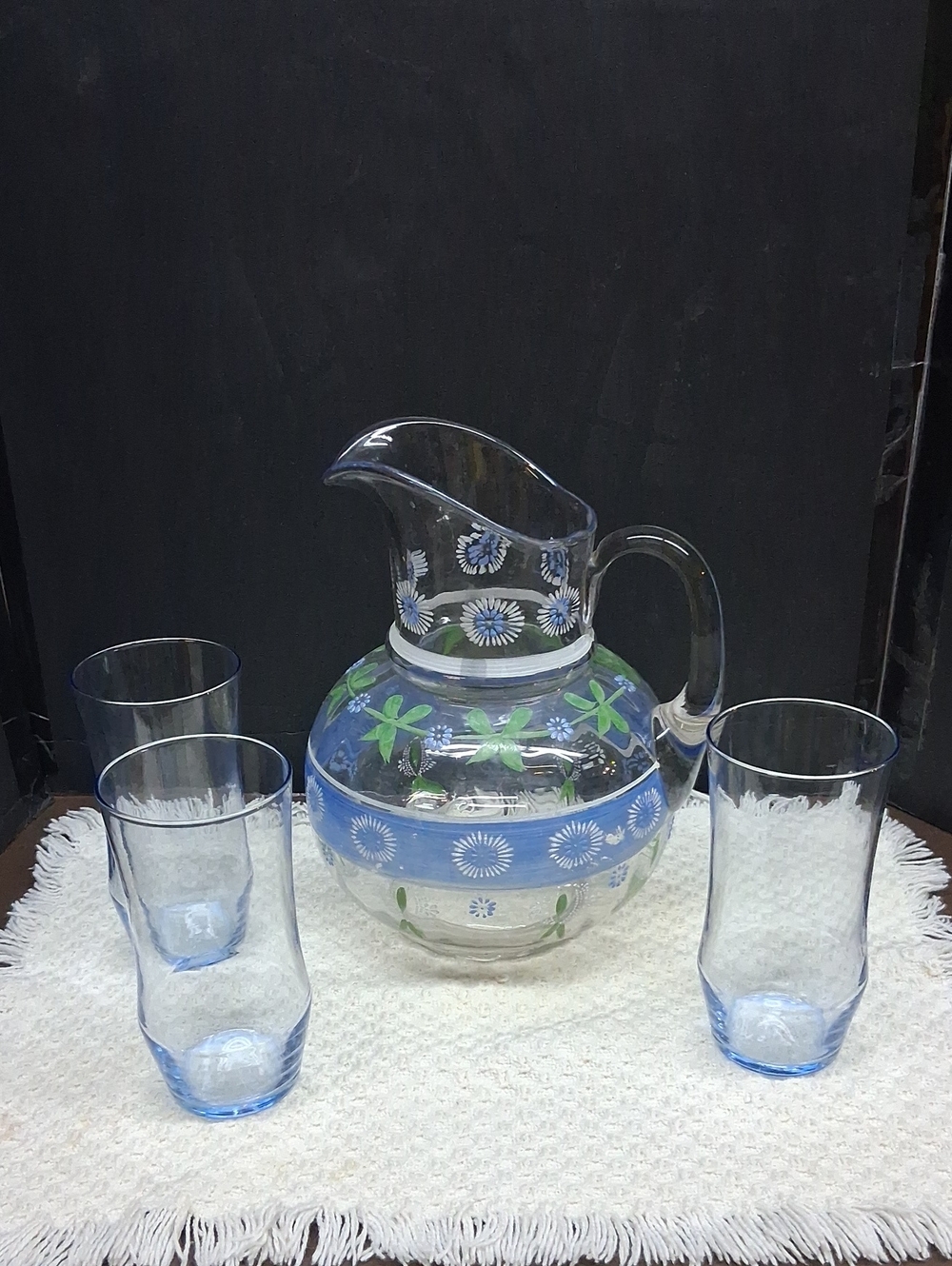 Vintage hand-painted glass pitcher & 3 blue tumblers, cottage style‎